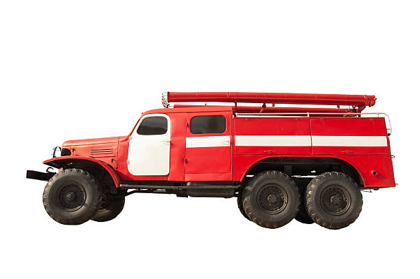 istock Retro fire truck rescue isolated on white background 517862018