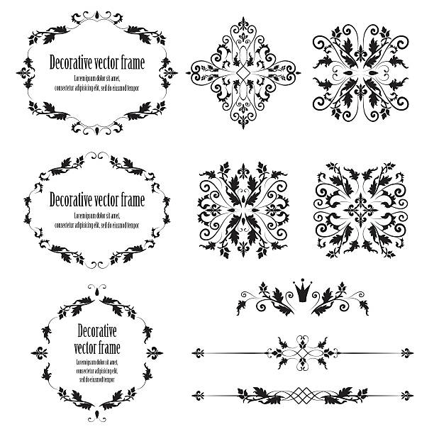 Floral design elements set, ornamental vintage objects Floral design elements set, ornamental vintage objects, frames and dividers in black color. Vector editable illustration. Isolated on white background. Can use for birthday card, wedding invitations. filligree stock illustrations