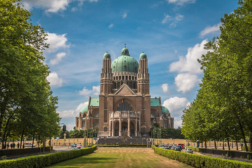 View at the bell towers and part of the church of the Catholic Maria Laach Abbey near Glees in Germany. The abbey dates back to the year1100 and is now a monastery of the Benedictine Confederation.