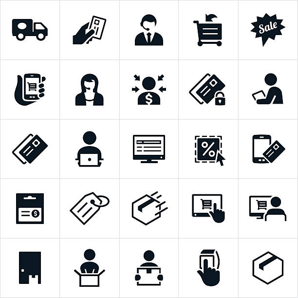 eCommerce Icons Icons related to eCommerce. The icons symbolize online purchasing, delivery, customer support, buying, shopping online, payment methods, security, and the buying experience. They include a delivery truck, credit card, shopping cart, smartphone, CSR, computer, package, product, box, and tablet PC to name just a few. order illustrations stock illustrations