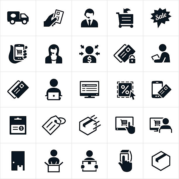 eCommerce Icons Icons related to eCommerce. The icons symbolize online purchasing, delivery, customer support, buying, shopping online, payment methods, security, and the buying experience. They include a delivery truck, credit card, shopping cart, smartphone, CSR, computer, package, product, box, and tablet PC to name just a few. order stock illustrations