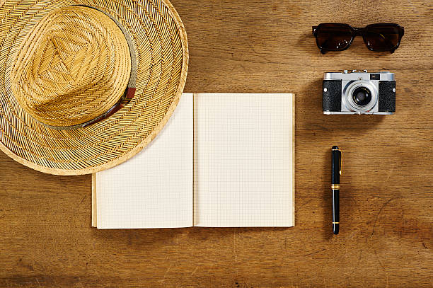 istock flatlay top travel retro book fountain pen hat 517868164