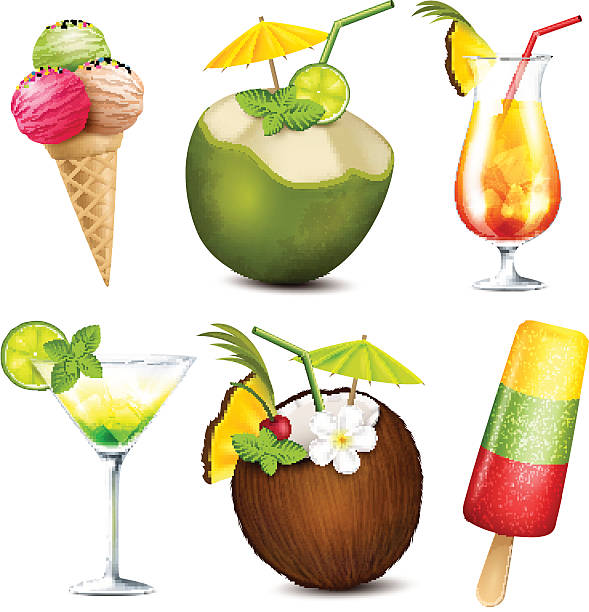 여름 음료 및 아이스크림을 - coconut drink cocktail umbrella stock illustrations