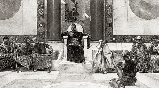 Engraving from 1894 showing the Emperor Justinian and his Council.