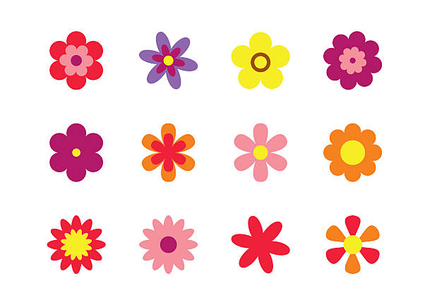 꽃 평편 스타일 고립 인명별. 컬러풀 플로럴 아이콘 세트. - tulip pink flower bed flower stock illustrations