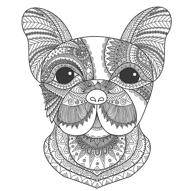 French bulldog French bulldog puppy line art for coloring book for adult, tattoo, T-shirt design and other decorations adult coloring pages mandala stock illustrations
