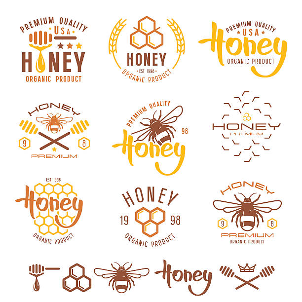 ilustrações de stock, clip art, desenhos animados e ícones de conjunto de mel etiquetas, emblemas e elementos de design - colmeia ilustrações