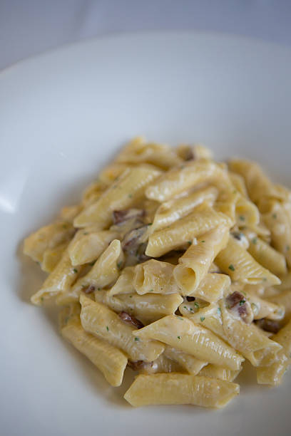 istock Garganelli pasta Carbonara served in a white bowl. 517872570
