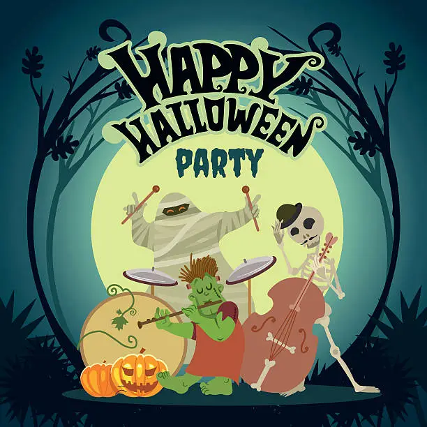 Vector illustration of Halloween music band playing at halloween party in the night.