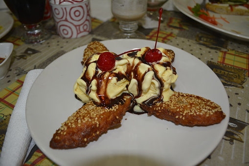 Fried bananas dessert with ice cream thai dessert