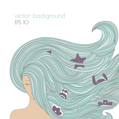 Abstract portrait of woman with long blue beautiful hair. Ocean girl with and sea elements in the hair. Vector hand drawn illustration.