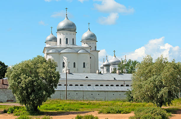 Veliky Novgorod. Russia. The St. George's (Yuriev) Monastery on the bank of The Volkhov River. Orthodox Yuriev male monastery is one of the oldest monastery in Russia.