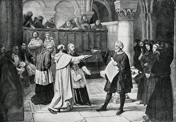 illustrazioni stock, clip art, cartoni animati e icone di tendenza di galileo galilei l'inquisizione - galileo galilei