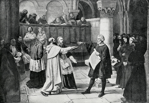 Engraving from 1894 showing Galileo Galilei at the Inquisition in 1633.