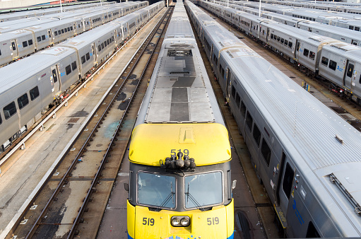 New York, NY, United States - March 17, 2016: The Hudson Yard behind NYC Penn station is Used to store commuter rail trains operated by the Long Island Rail Road, the yard sits between West 30th Street, West 33rd Street and 11th Avenue and Westside highway and 11th Avenue.  The image was photographed from the Highline park
