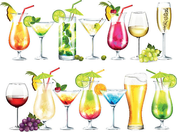 Drinks Vector collection of cocktails on white background. File contains gradient mesh and transparent elements. File saved in eps 10. club soda stock illustrations