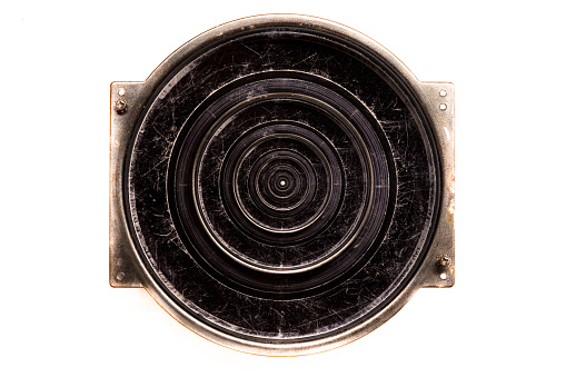 Old circular lens repeated inside itself in a recursive manner isolated on white.