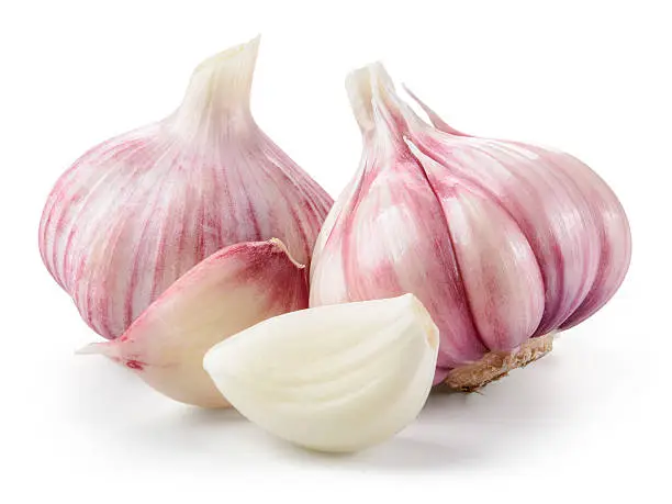 Photo of Garlic closeup isolated on white background. With clipping path.