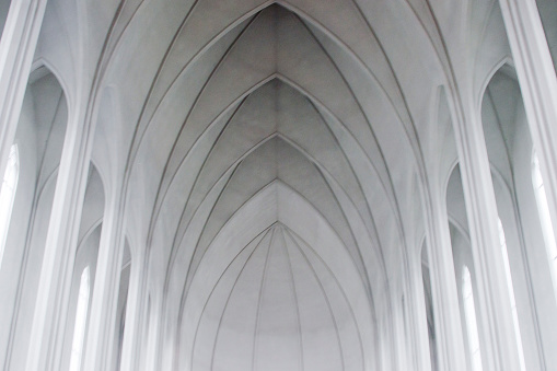 Gothic arches in a modern church (Reykjavik, Iceland). Almost black (grey) and white