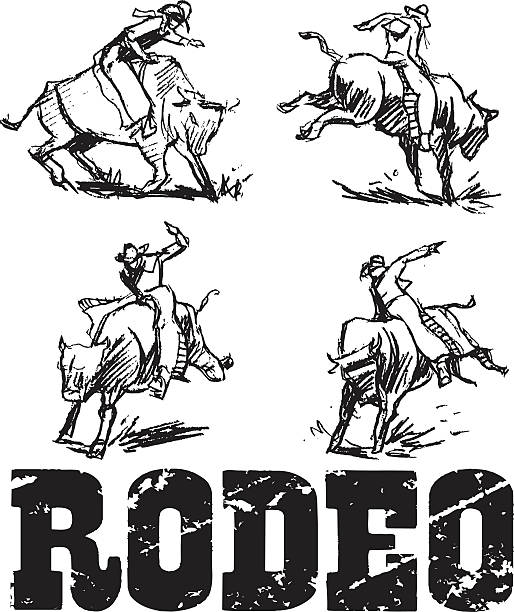 illustrazioni stock, clip art, cartoni animati e icone di tendenza di il cavalcatore di rodeo, monta di cavallo selvaggio - rodeo bull bull riding cowboy