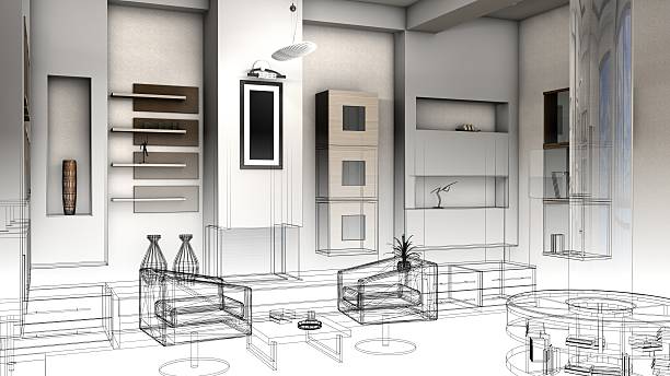 istock Sketch design of a living room, 3d wire frame render 517900036