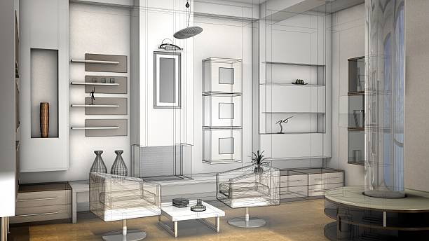 istock Sketch design of a living room, 3d wire frame render 517900086