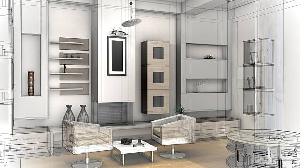 istock Sketch design of a living room, 3d wire frame render 517900144