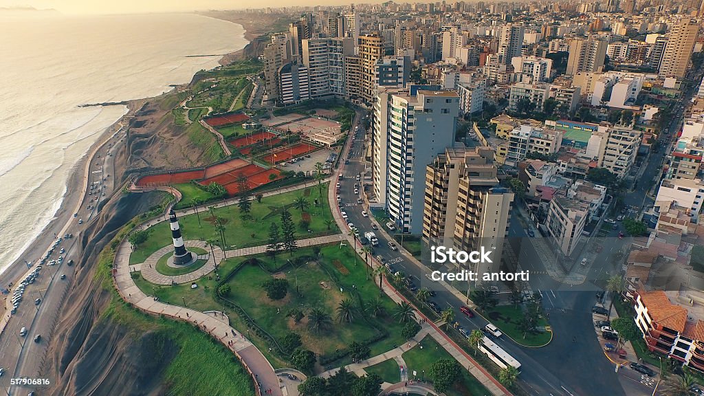 Aerial view of Lima Peru Miraflores cosatline cityscape Aerial view of Lima Peru Miraflores cosatline cityscape during the summer Lima - Peru Stock Photo