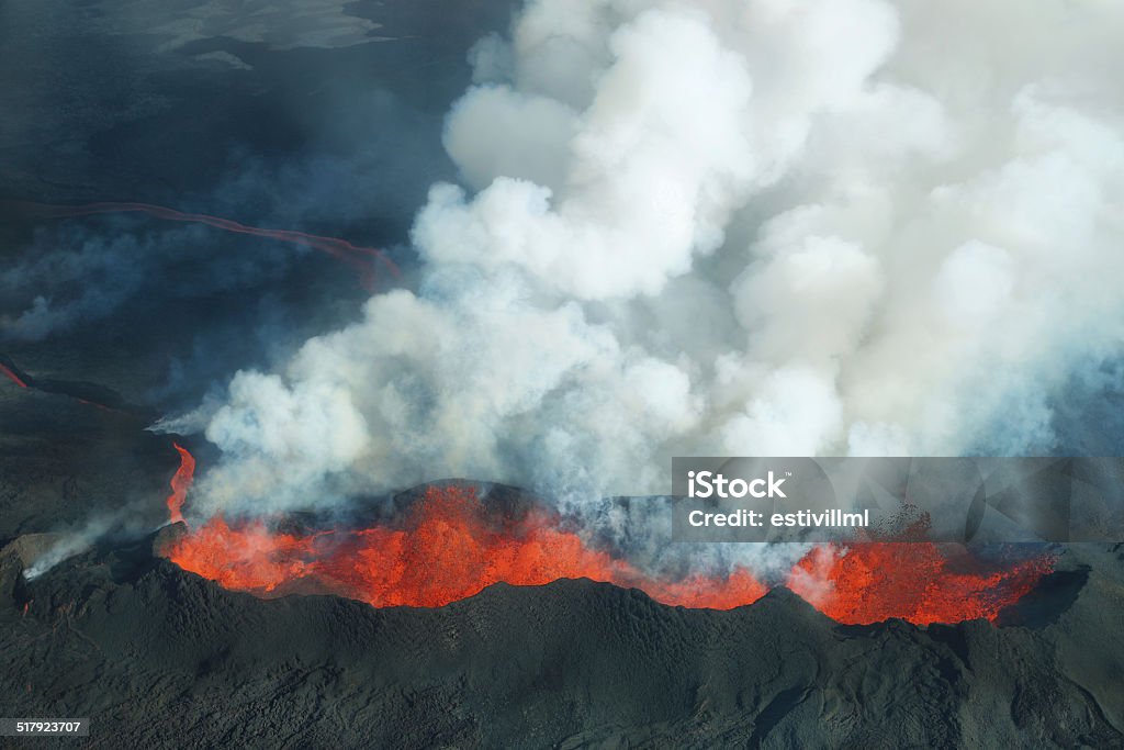 Bardarbunga volcano eruption in Iceland Aerial view of 2014 Bardarbunga volcano eruption in Iceland, Hawaii Bardarbunga Volcano Stock Photo