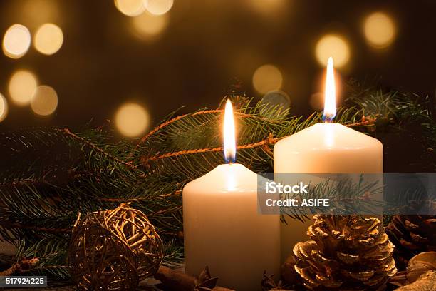 Christmas Candles And Lights Stock Photo - Download Image Now - Candle, Christmas, Gold Colored