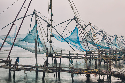 Chinese fishing nets at sunrise in Kochi, India.