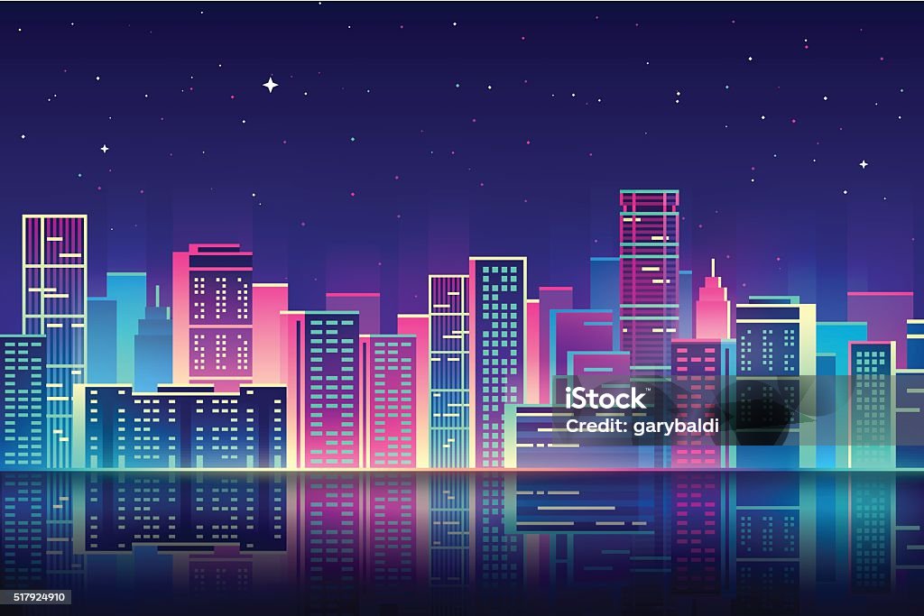 Vector night city with neon glow illustration. Vector night city illustration with neon glow and vivid colors. Backgrounds stock vector