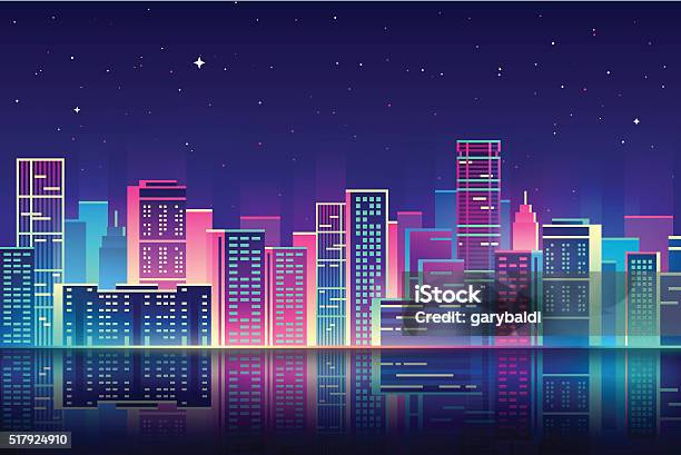 Vector Night City With Neon Glow Illustration Stock Illustration - Download Image Now - Backgrounds, Bright, Design