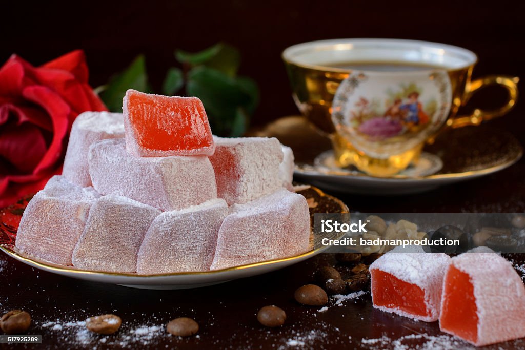 Turkish delight Turkish delight served with rose and cup of coffee Rose - Flower Stock Photo