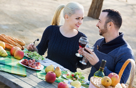 Loving beautiful smiling couple drinking wine and talking on picnic