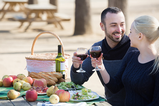 Loving european couple drinking wine and talking on picnic