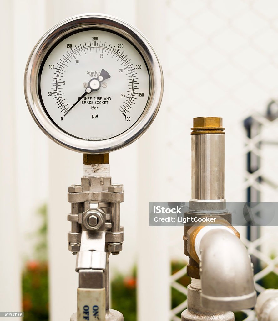 Pressure gauge and safety release valve in gas supply system Pressure gauge and safety release valve in outdoor gas supply system for factory production process Physical Pressure Stock Photo