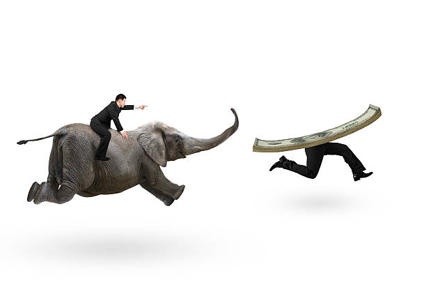 istock Man with pointing finger riding elephant running after money 517932812