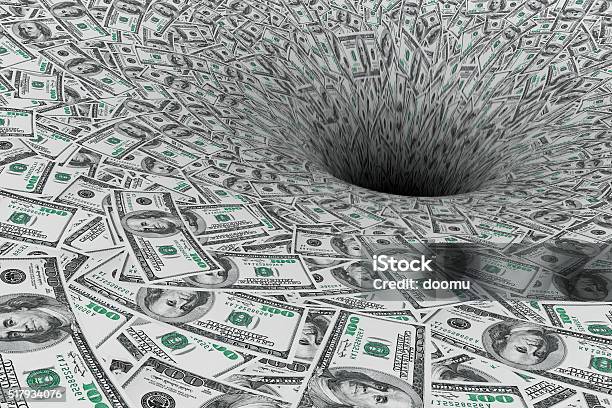 Crisis Concept Money Flow In Black Hole Stock Photo - Download Image Now - Currency, Loss, Hole