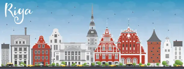 Vector illustration of Riga Skyline with Landmarks and Blue Sky.