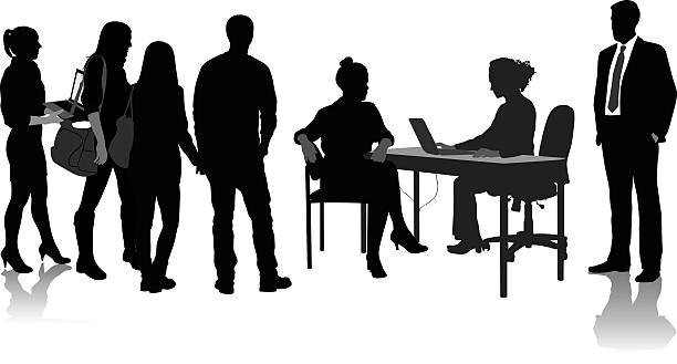 Making Business Arrangements A vector silhouette illustration of business people.  A group of young adults stand and wait to see a young women who is sitting at a desk using her lap top.  A man in a business suit stands to the right and observes. business person typing on laptop stock illustrations
