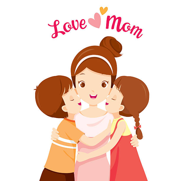 illustrations, cliparts, dessins animés et icônes de fils et fille embrassant mère et embrasser sur la joue de fils - single mother one parent child kissing