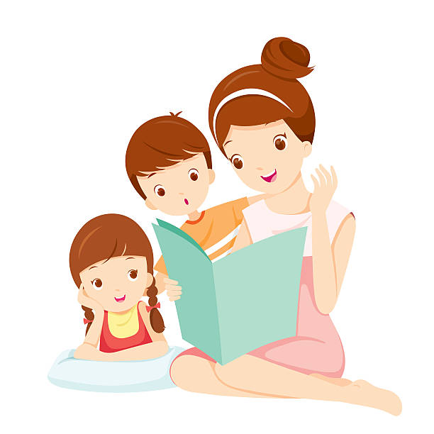 Mother Reading Tale Book To Daughter And Son Mother, Mother's Day, Children, Tale, Reading, Family, Relaxing mom and sister stock illustrations