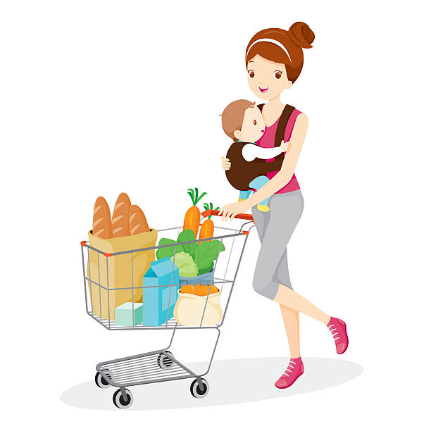 Mother Carries Baby And Pushing Shopping Cart Mother, Shopping, Retail, Baby, Shopping Cart, Pushcart, Trolley supermarket family retail cable car stock illustrations