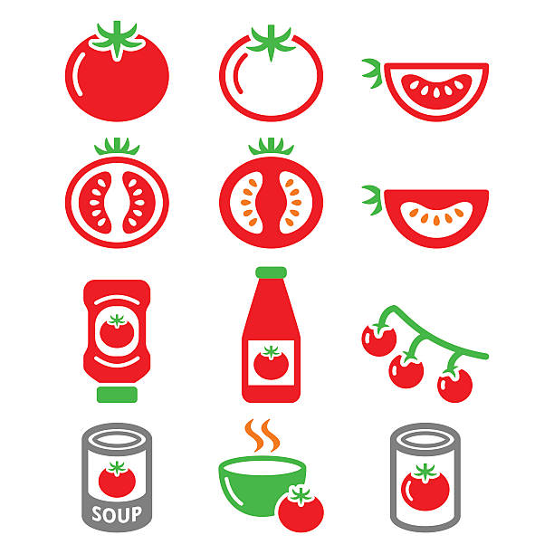 czerwone pomidory, ketchup, zupa pomidorowa ikony ustaw - tomato isolated freshness white background stock illustrations