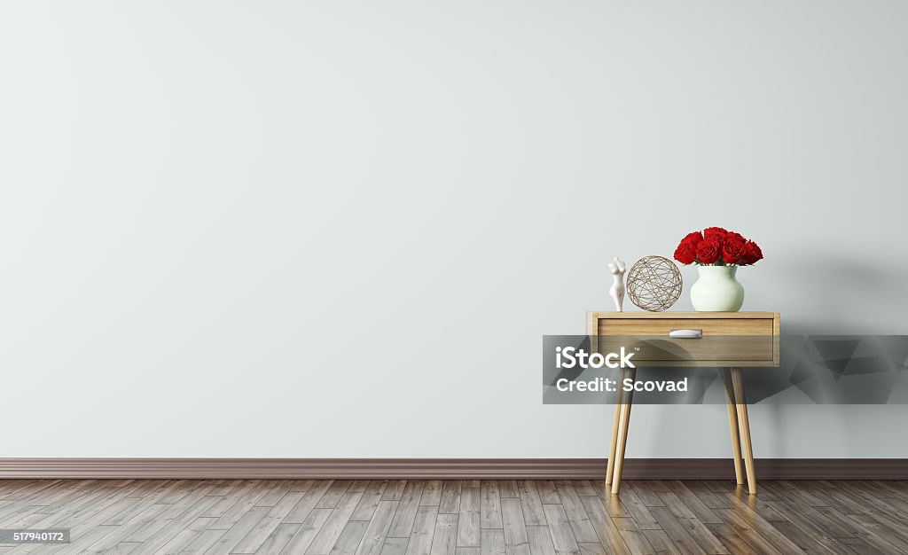 Interior of room with wooden side table 3d render Interior of living room with wooden side table 3d render Side Table Stock Photo