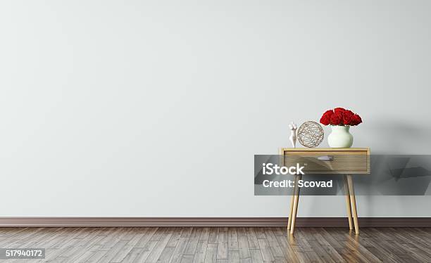 Interior Of Room With Wooden Side Table 3d Render Stock Photo - Download Image Now - Side Table, Living Room, Table