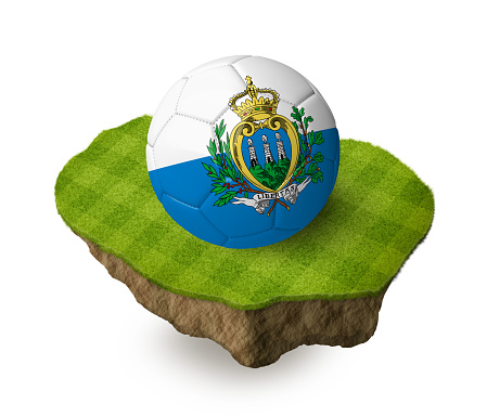 3d realistic soccer ball with the flag of San Marino on a piece of rock with stripped green soccer field on it. See whole set for other countries.
