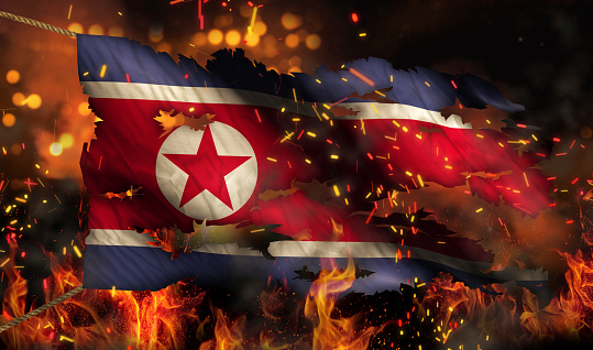 North Korea Burning Fire Flag War Conflict Night 3D