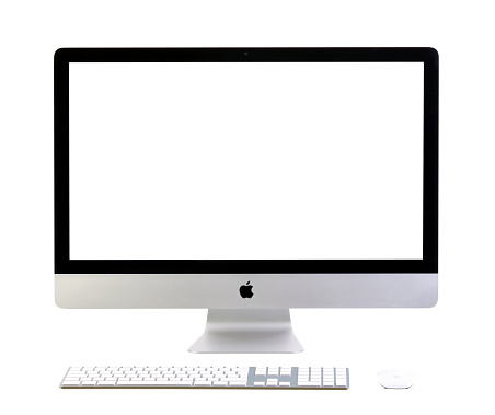 Galati, Romania, February 26, 2014: New iMac 27 with blank screen. It brings new apps to desktop. New Apple iMac 27 inch isolated on white background. Galati, Romania, February 26, 2014